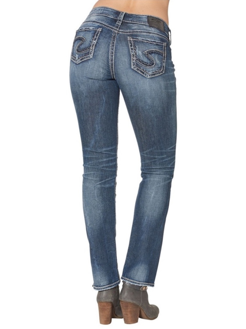 Silver Suki distressed denim boot cut jean embroidery bling pocket sz 33 x 30